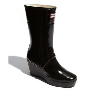 Hunter Kellan Wedge Rain Boots Black Glossy Rubber Womens Size 8 US 39 EU